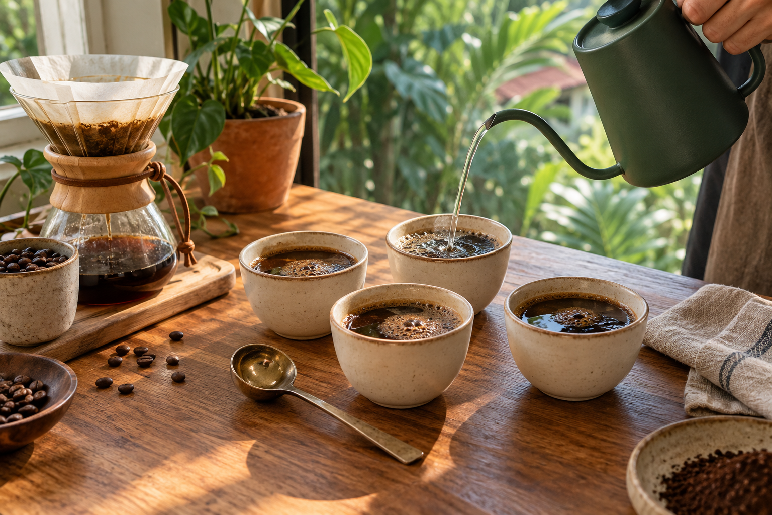 Four cups of coffee and a pour-over brewer on a timber tasting table